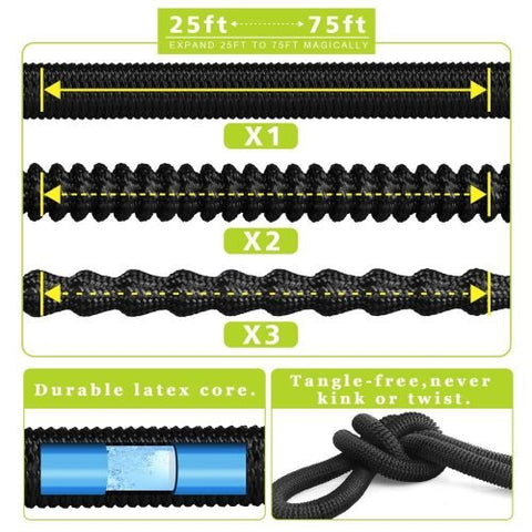 75 FT expandable black garden hose with yellow nozzle and hanger
Flexible garden hose kit with spray nozzle and connectors
75 foot tangle-free garden hose set for outdoor watering
Expandable hose retracts after use with wall hanger
4-in-1 lightweight hose kit with storage and accessories