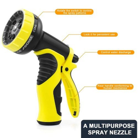 75 FT expandable black garden hose with yellow nozzle and hanger
Flexible garden hose kit with spray nozzle and connectors
75 foot tangle-free garden hose set for outdoor watering
Expandable hose retracts after use with wall hanger
4-in-1 lightweight hose kit with storage and accessories