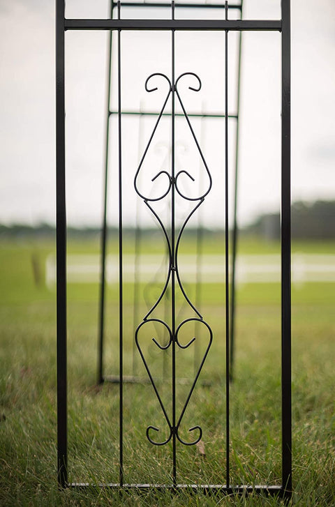 Black steel garden arbor arch in the outdoor lawn
Powder-coated metal trellis arch with decorative side panels
77-inch outdoor wedding arch for garden ceremonies
Steel arbor for roses and climbing vines
Decorative garden arch black steel frame assembled in the yard