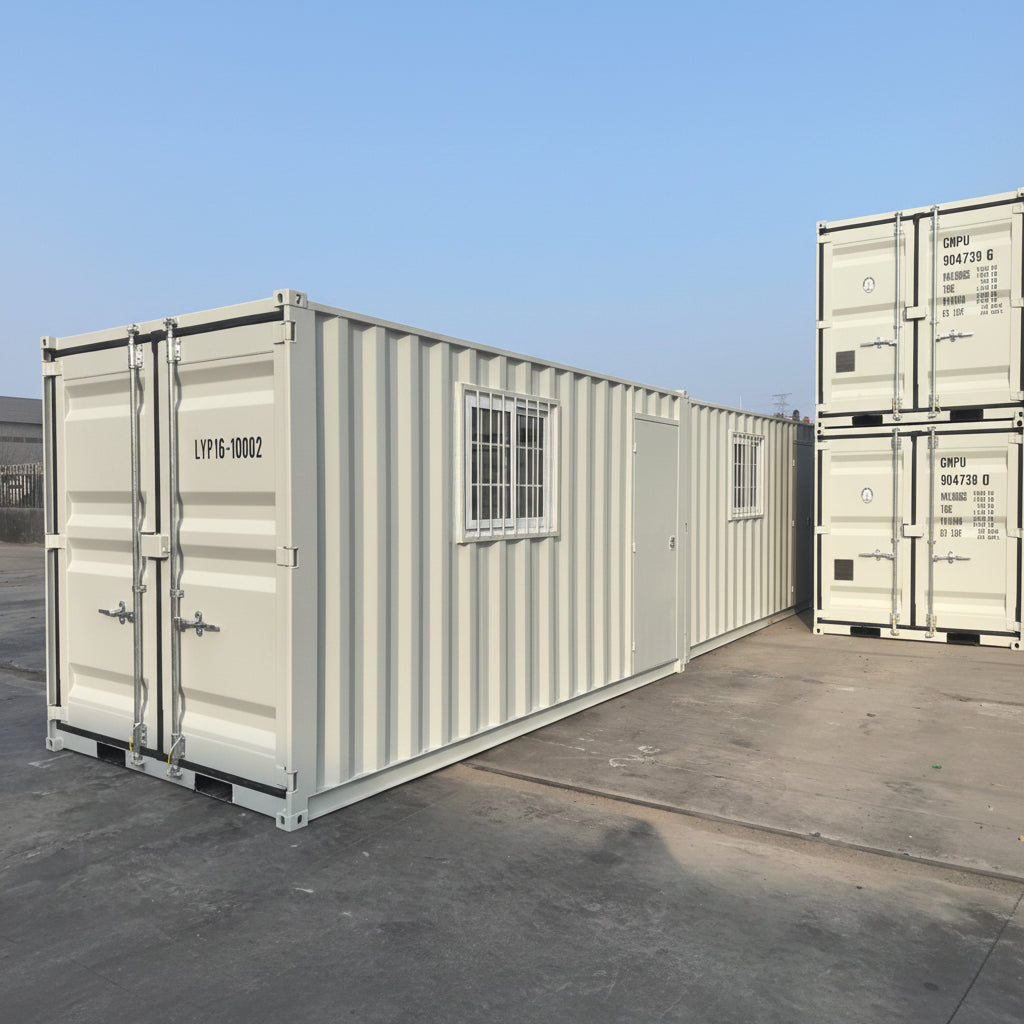 Gray 7FT steel office container with side door and windows
Interior view of 12FT jobsite office sea container
Office container unit with swing door and locking system
Plywood flooring inside portable office container
Security window with locking bar on steel sea container