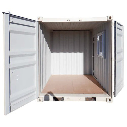 Gray 7FT steel office container with side door and windows
Interior view of 12FT jobsite office sea container
Office container unit with swing door and locking system
Plywood flooring inside portable office container
Security window with locking bar on steel sea container
