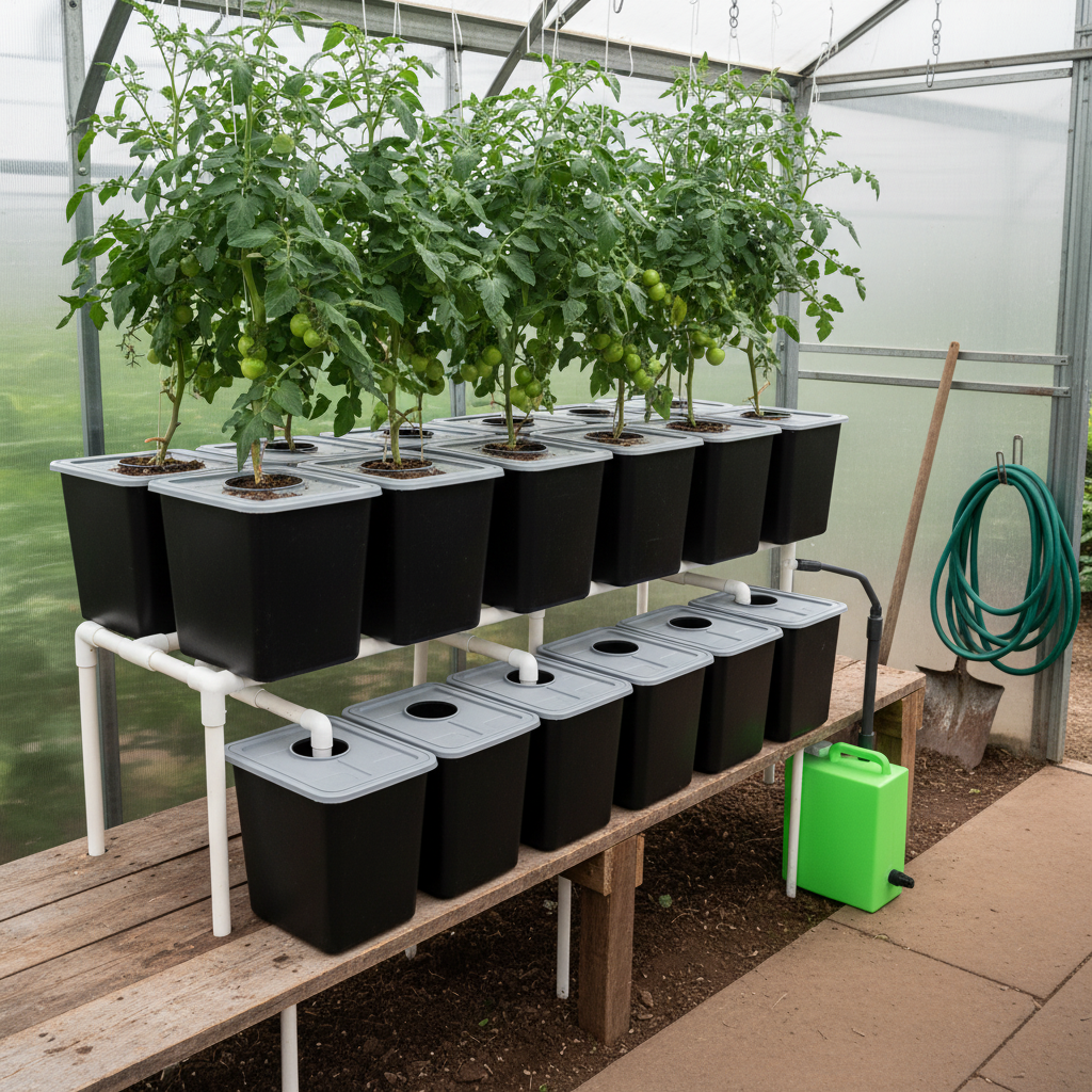 8-bucket hydroponic grow system with white reservoirs
Complete Dutch hydroponic system with tubing and connectors
Top-down view of full hydroponic garden kit setup
Multiple buckets connected in a hydroponic loop system
Dutch hydroponic grow kit displayed on white background