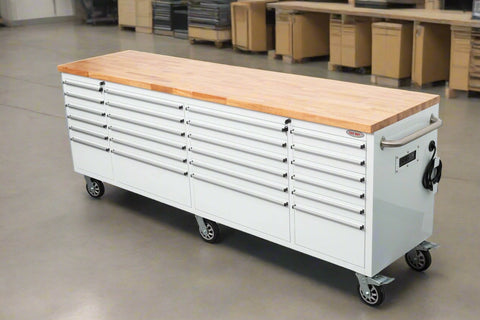 8FT Fatboy industrial tool bench with drawers and USB ports
Heavy-duty 24-drawer tool bench with stainless steel finish
Workshop organization tool bench with hardwood top
Mobile workbench with caster wheels and lockable drawers