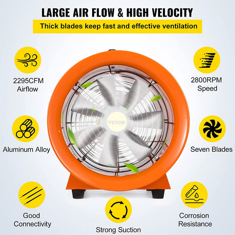 8-inch high velocity ventilation blower with flexible PVC duct
Industrial orange exhaust fan with 2800 RPM motor
Portable ducted ventilation fan for workshops and tunnels
2295 CFM heavy-duty blower with steel housing
