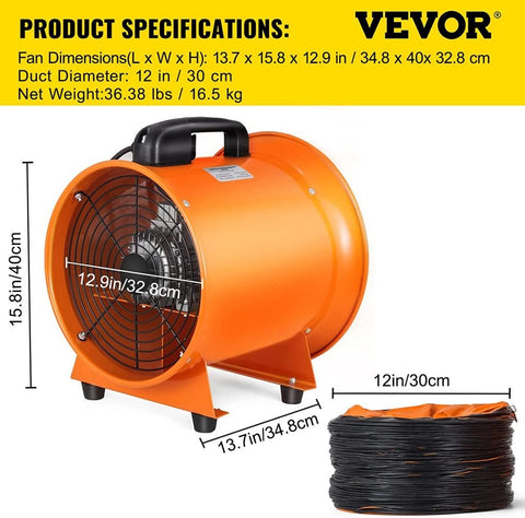 8-inch high velocity ventilation blower with flexible PVC duct
Industrial orange exhaust fan with 2800 RPM motor
Portable ducted ventilation fan for workshops and tunnels
2295 CFM heavy-duty blower with steel housing