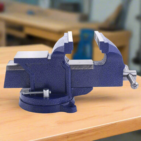 8-Inch Heavy-Duty Bench Vise with Swivel Base and Cast Steel Body
Industrial Strength Bench Vise for Woodworking and Metal Clamping
Blue Cast Steel Bench Vise Mounted on Workbench
Precision Serrated Jaws on Heavy-Duty Bench Vise
360-Degree Rotating Swivel Base Bench Vise in Workshop