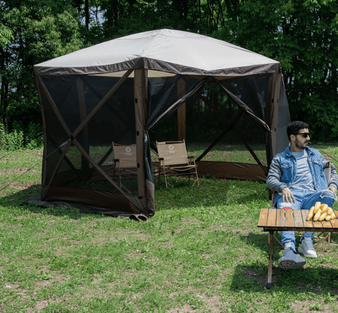 8-person pop-up camping screen tent with mesh and UV protection
hexagon-shaped 12x12 ft canopy gazebo for outdoor camping
brown outdoor screen house with zippered doors and airflow windows
Easy setup pop-up tent for the backyard and picnic
camping gazebo with mesh sides for insect protection