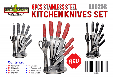 New 8 - Piece Stainless Steel Knife Set – Kitchen Cutlery Set with Ergonomic Handles - with Red | Sold by Uncle Wiener's Wholesale