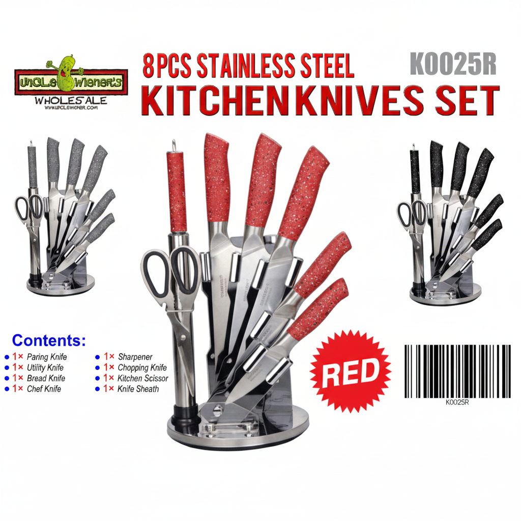 New 8 - Piece Stainless Steel Knife Set – Kitchen Cutlery Set with Ergonomic Handles - with Red | Sold by Uncle Wiener's Wholesale