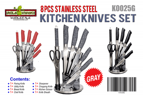 New 8 - Piece Stainless Steel Knife Set – Kitchen Cutlery Set with Ergonomic Handles - with Red | Sold by Uncle Wiener's Wholesale