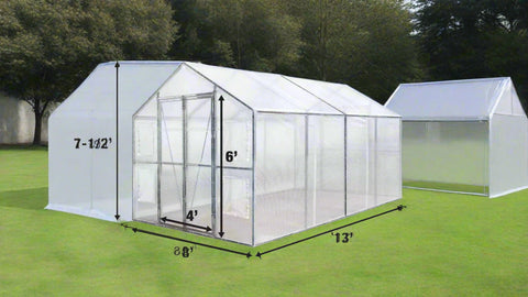 8x13 walk-in PVC greenhouse with metal frame
Greenhouse with dual doors and mesh vents
Side view of 8x26 heavy-duty greenhouse
Gardening shelter for vegetables and herbs