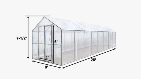 8x13 walk-in PVC greenhouse with metal frame
Greenhouse with dual doors and mesh vents
Side view of 8x26 heavy-duty greenhouse
Gardening shelter for vegetables and herbs