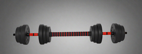 80 lb adjustable dumbbell set with textured grip and black weight plates
Pair of dumbbells with spinlock collars and metal connector bar
Full set of adjustable weight plates with barbell conversion chart