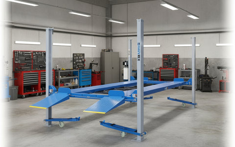 Blue portable 4-post car hoist in garage
Drive-on ramp and runway surface
Close-up of power unit and lift columns
Vehicle elevated on blue car lift
Heavy-duty safety locks and cable system