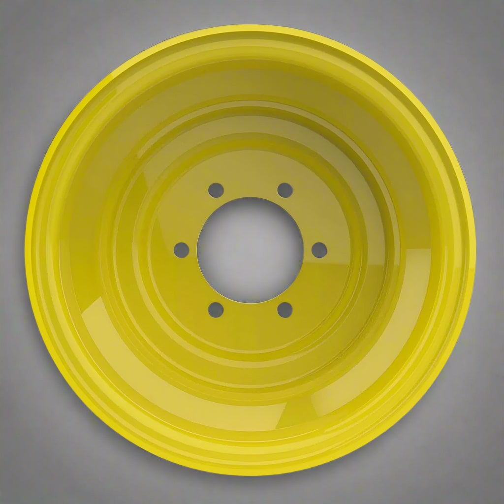 “8x15 JD Yellow AG Rim with 6 bolt holes”
“Heavy-duty tractor implement rim in Off-White”
“Tractor wheel rim compatible with 11L-15 and 9.5L-15 tires”
“Side angle view of farm equipment 8-bolt rim”
“Steel agricultural rim in John Deere yellow”