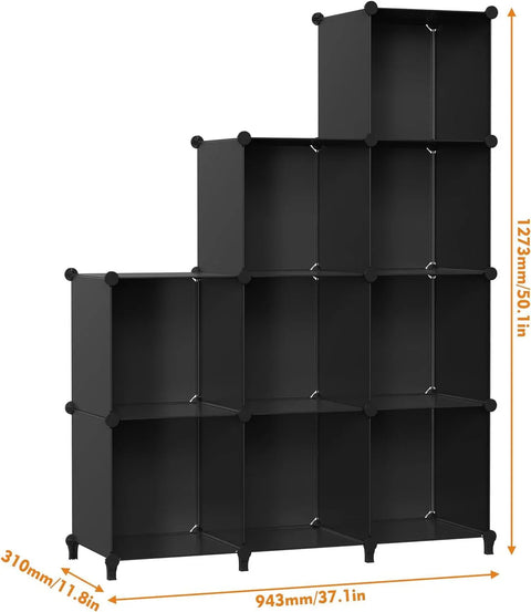 9-Cube Stackable Closet Organizer – Modular Black Storage Shelves for Clothes, Shoes, Bins, and Household Items