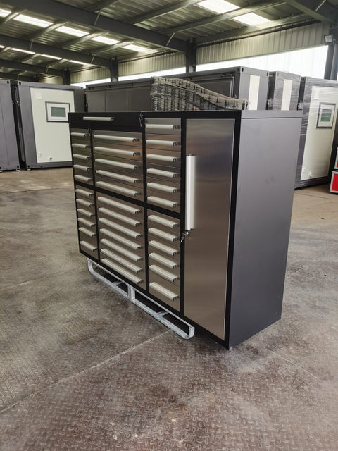 9 FT Stainless Steel Workbench – Front Angle
34-Drawer Industrial Tool Cabinet with Worktop
Heavy-Duty Stainless Steel Workbench – Top View
Workshop Tool Storage Bench with Cabinets
9FT34D2L Drawer and Cabinet System