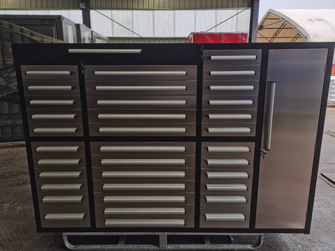 9 FT Stainless Steel Workbench – Front Angle
34-Drawer Industrial Tool Cabinet with Worktop
Heavy-Duty Stainless Steel Workbench – Top View
Workshop Tool Storage Bench with Cabinets
9FT34D2L Drawer and Cabinet System