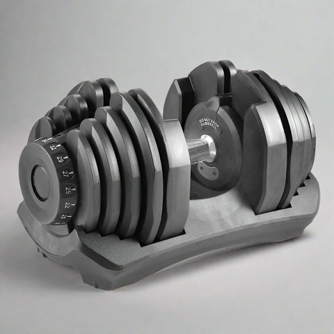 Adjustable dumbbell with chrome handle and weight dial system
90 lb dumbbell set for home strength training workouts
Compact adjustable dumbbell with 15 weight settings
Black plastic-coated adjustable dumbbell with anti-slip grip