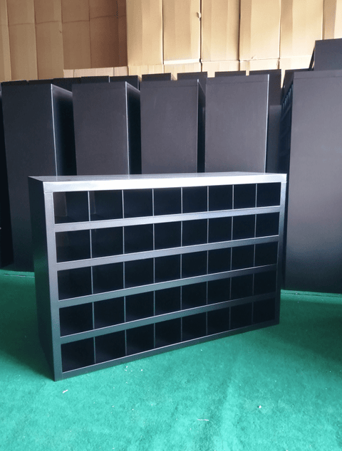 Steel bolt bin cabinet with 96 compartments – black
Red bolt organizer cabinet – front view
Side-by-side metal bin cabinets for hardware storage
Open hardware parts bins mounted on workshop wall
Heavy-duty steel bin rack for bolts and fasteners