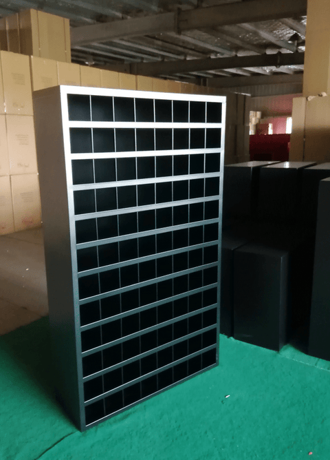 Steel bolt bin cabinet with 96 compartments – black
Red bolt organizer cabinet – front view
Side-by-side metal bin cabinets for hardware storage
Open hardware parts bins mounted on workshop wall
Heavy-duty steel bin rack for bolts and fasteners