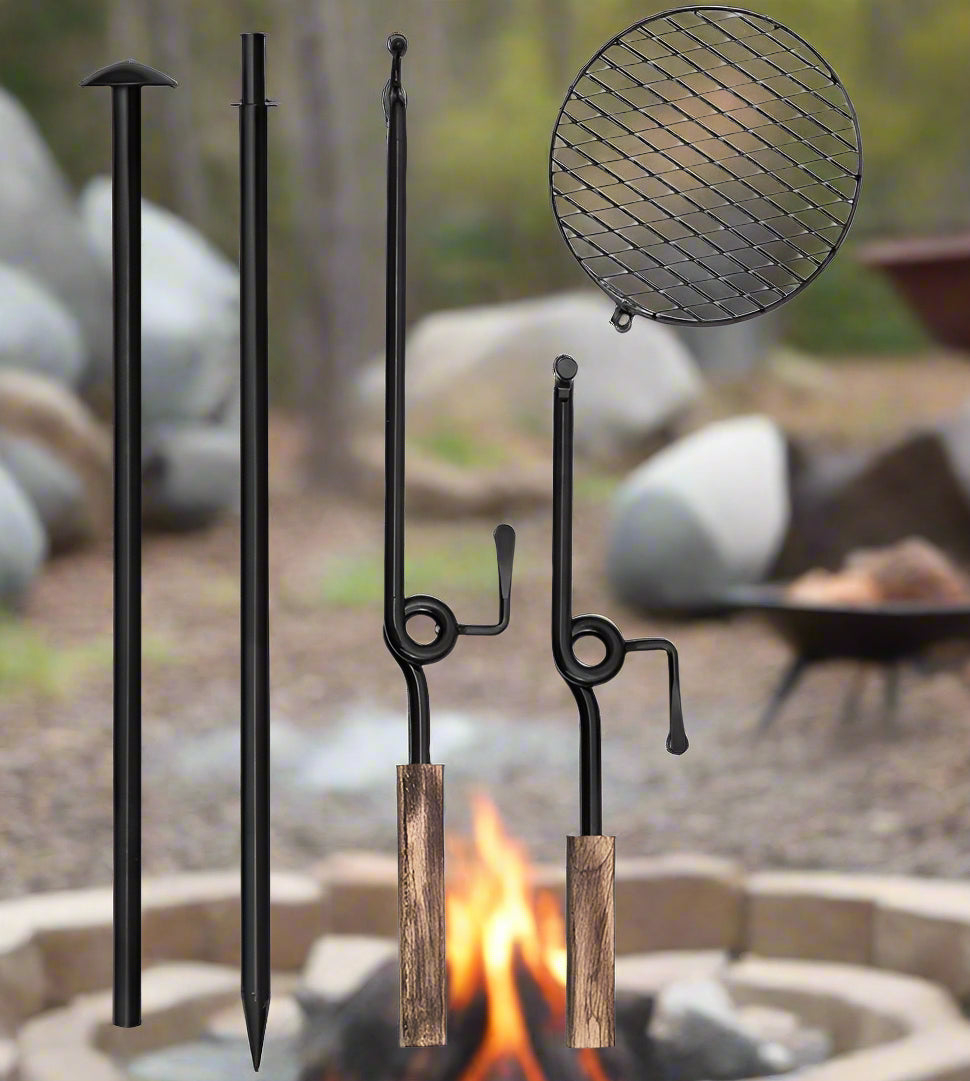 Adjustable steel swivel campfire grill over open fire
16513 outdoor BBQ fire pit cooking grate with stake
Black powder-coated swivel grill for camping and outdoor cooking