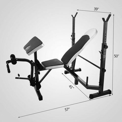 Adjustable weight bench in flat position
Incline position on home gym bench
Full bench with leg support and barbell rack
Compact weight bench setup
Adjustable bench for strength training