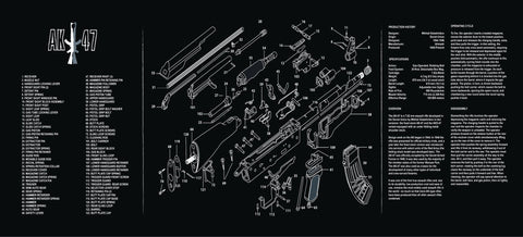 AK-47 rifle cleaning mat with printed diagram
Non-slip oil-resistant gun cleaning mat for rifle maintenance
Black AK-47 workbench pad with detailed firearm breakdown