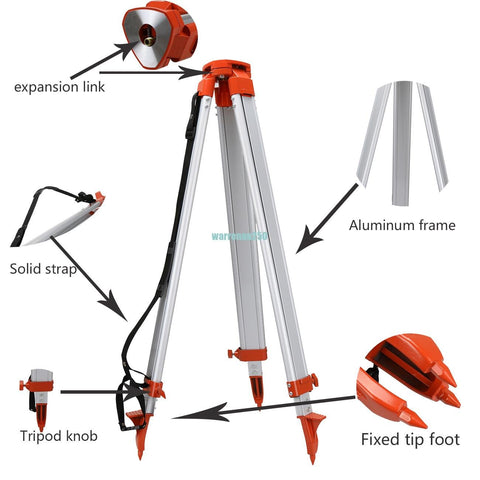 Aluminum Laser Level Tripod with Expansion Link, Fixed Tip Feet, and Setup Instructions