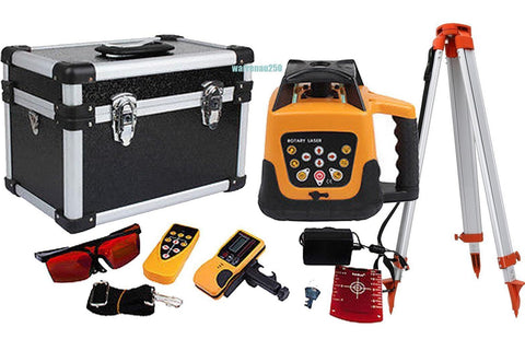Rotary Laser Level Kit with Aluminum Tripod, Carry Case, Remote, Red Beam Glasses, and Accessories