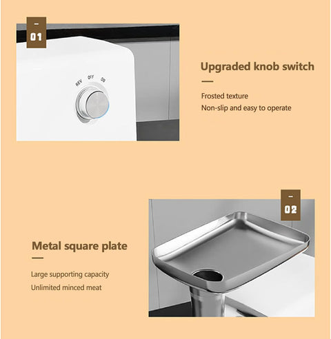 "800W Automatic Electric Meat Grinder with Sausage Stuffer Attachment"
"Heavy Duty Stainless Steel Meat Grinder for Kitchen Use"
"Electric Food Processor for Meat Grinding and Sausage Making"
"Home Kitchen Meat Grinder and Sausage Stuffer Machine"