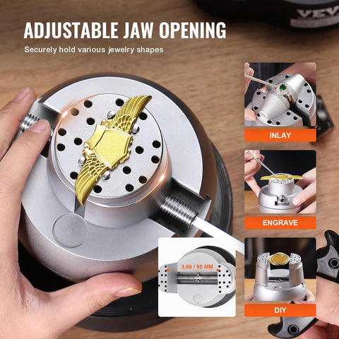 5-inch Ball Vise Jewelry Engraving Tool with full accessories kit
Precision ball vise clamp for jewelry making and stone setting
Engraving tool with interchangeable jaws and 360-degree rotation
Jeweler working with a professional engraving vise clamp
Stainless steel workholding clamp for jewelry and watch repair