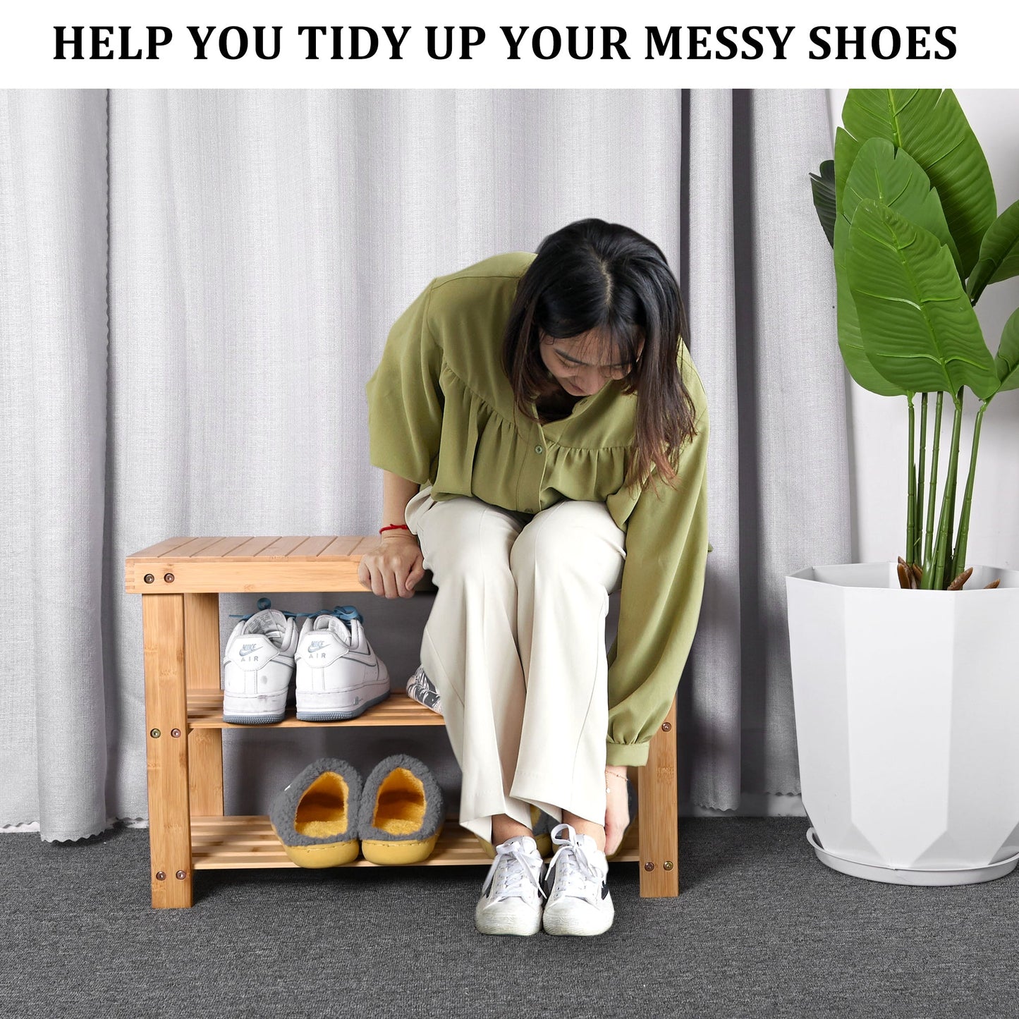 "2-tier natural bamboo shoe rack shelf for entryway, compact freestanding organizer – Model BSR0312"