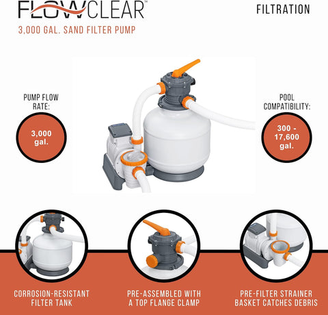 “Bestway Flowclear Sand Filter Pool Pump with Hoses – 3000 GPH”
“Above-ground pool sand filtration system by Bestway”
“Model 58500 sand filter with pressure gauge”
“Flowclear 2200 GPH pump system for pools”
“6-position valve Bestway sand filter system”