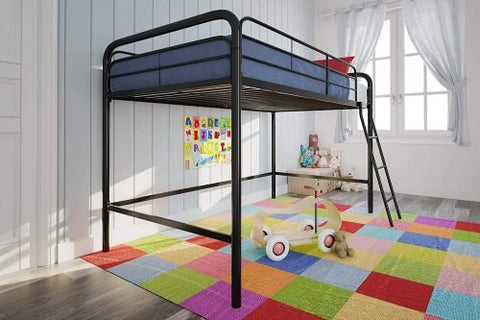 “Black metal loft bed with built-in ladder and guardrails”
“Space-saving loft bed frame for kids and teens”
“Durable steel loft bed with safety rails and ladder access”