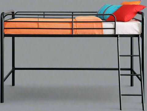 “Black metal loft bed with built-in ladder and guardrails”
“Space-saving loft bed frame for kids and teens”
“Durable steel loft bed with safety rails and ladder access”