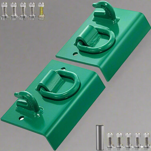 Green tractor bucket tie-down plate with grab hooks and D-rings
Kit mounted on loader bucket
All hardware included in tie-down kit
Yellow version of the tie-down plate
Product with tools and bolts laid out