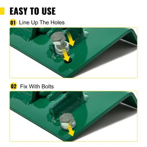 Green tractor bucket tie-down plate with grab hooks and D-rings
Kit mounted on loader bucket
All hardware included in tie-down kit
Yellow version of the tie-down plate
Product with tools and bolts laid out