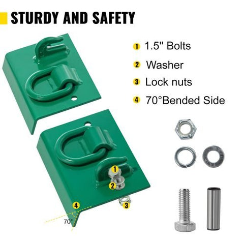 Green tractor bucket tie-down plate with grab hooks and D-rings
Kit mounted on loader bucket
All hardware included in tie-down kit
Yellow version of the tie-down plate
Product with tools and bolts laid out