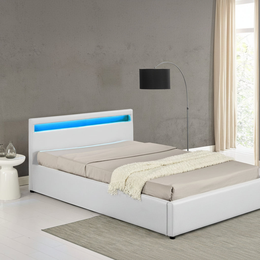 Bonded Leather Gas Lift LED Bed Frame with Remote Lighting and Storage Ottoman – Twin to King Sizes in Black or White