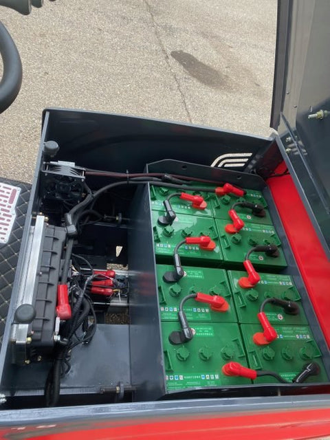 CanLift 4000 LBS orange electric forklift with 118” lift and 42” forks
Profile shot of forklift with raised mast and battery housing
Rear view of forklift with control panel and operator seat
42” heavy-duty forks and solid tires
Close-up of fork shifting mechanism