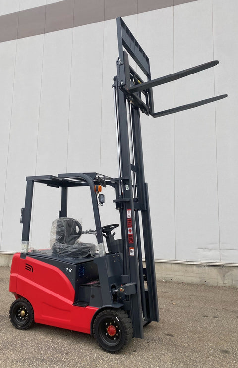 CanLift 4000 LBS orange electric forklift with 118” lift and 42” forks
Profile shot of forklift with raised mast and battery housing
Rear view of forklift with control panel and operator seat
42” heavy-duty forks and solid tires
Close-up of fork shifting mechanism