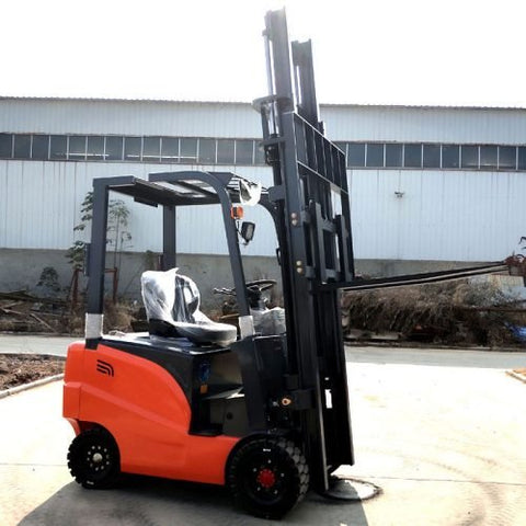 CanLift 4000 LBS orange electric forklift with 118” lift and 42” forks
Profile shot of forklift with raised mast and battery housing
Rear view of forklift with control panel and operator seat
42” heavy-duty forks and solid tires
Close-up of fork shifting mechanism
