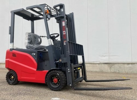 CanLift 4000 LBS orange electric forklift with 118” lift and 42” forks
Profile shot of forklift with raised mast and battery housing
Rear view of forklift with control panel and operator seat
42” heavy-duty forks and solid tires
Close-up of fork shifting mechanism