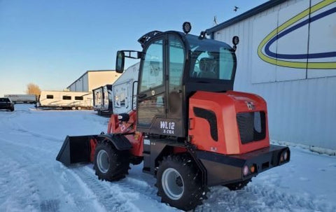 CanLift W12 Mini Wheel Loader with Kohler diesel engine outside a facility
Side view of CanLift W12 loader equipped with bucket attachment
Compact CanLift W12 Wheel Loader used on farm site