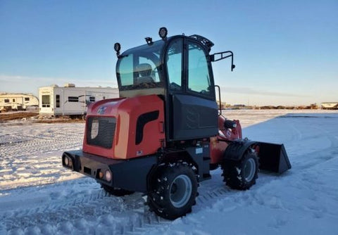 CanLift W12 Mini Wheel Loader with Kohler diesel engine outside a facility
Side view of CanLift W12 loader equipped with bucket attachment
Compact CanLift W12 Wheel Loader used on farm site