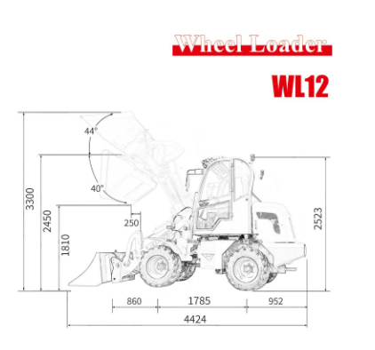 CanLift W12 Mini Wheel Loader with Kohler diesel engine outside a facility
Side view of CanLift W12 loader equipped with bucket attachment
Compact CanLift W12 Wheel Loader used on farm site