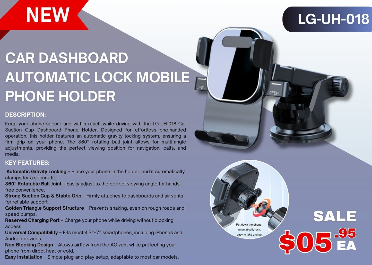 "Gravity Auto-Lock Car Phone Holder Mounted on Dashboard"
"360 Degree Adjustable Car Phone Mount for iPhone and Android"
"Dual Mount Car Phone Holder for Dashboard and Air Vent"
"Universal Gravity Car Phone Holder with Anti-Slip Base"
"Car Dashboard Phone Mount with 360 Rotation and Auto-Lock"