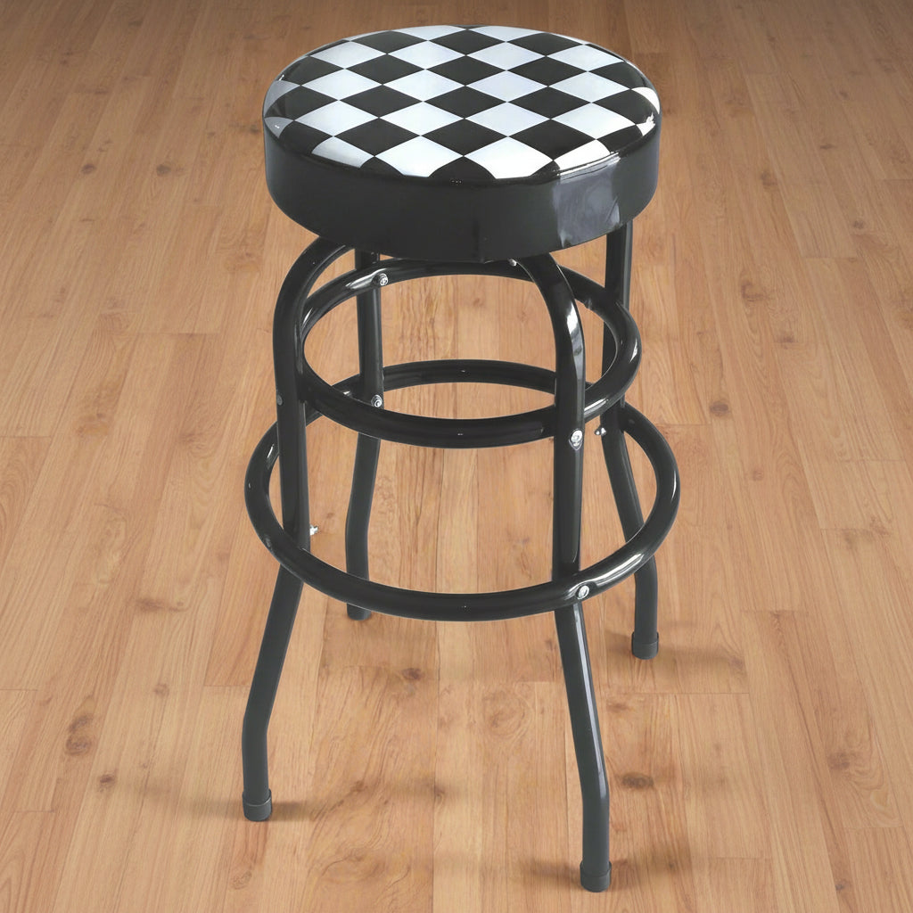 Checkered Swivel Bar & Shop Stool – Retro Red and Black Backless Stool with Round Seat and Twin Ring Base