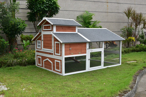 Spacious outdoor poultry run with wooden coop and predator-proof wire mesh